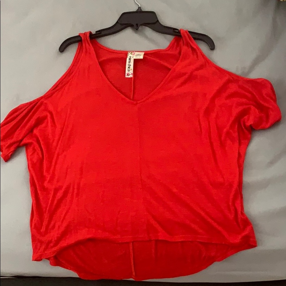 Bright red open shoulder t-shirt